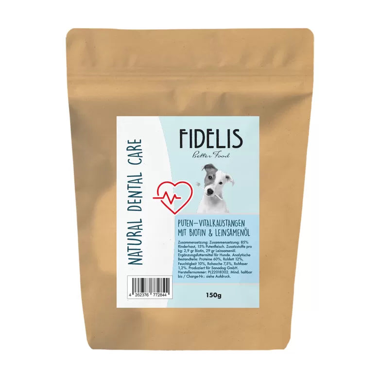 Košļājamās nūjiņas ar liellopa gaļu, tītaru, biotīnu un linsēklu eļļu, FIDELIS (150g)