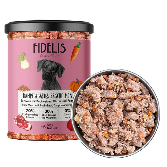 Vārīta svaiga cūkgaļa ar griķiem, ķirbi un mellenēm (stikla burkā)