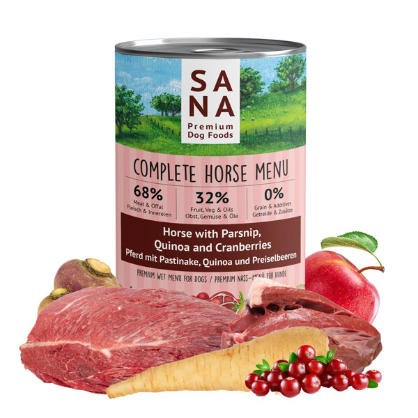 Zirga gaļas konservi ar pastinaku, kvinoju un dzērvenēm 400g